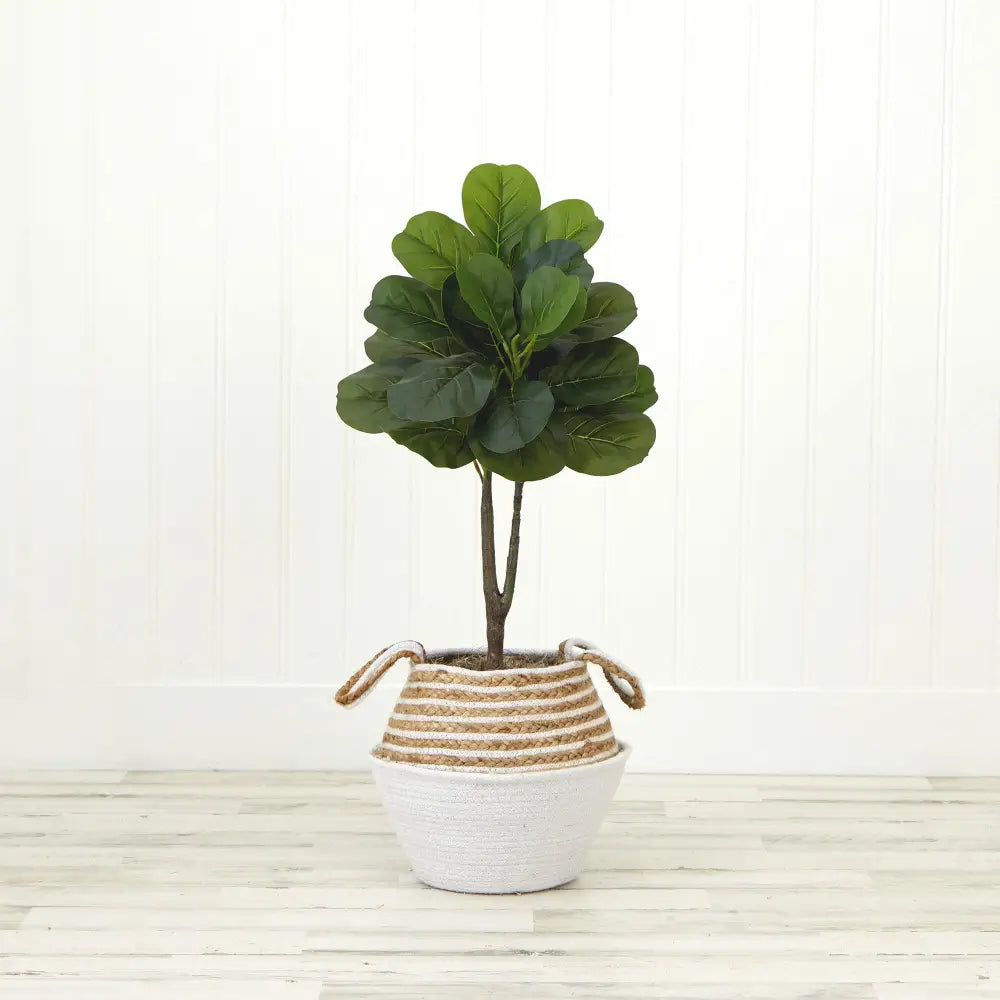 3’ Artificial Fiddle Leaf Fig Tree with Handmade Cotton & Jute Woven Basket DIY Kit - White-Neutral-Jute - Nearly