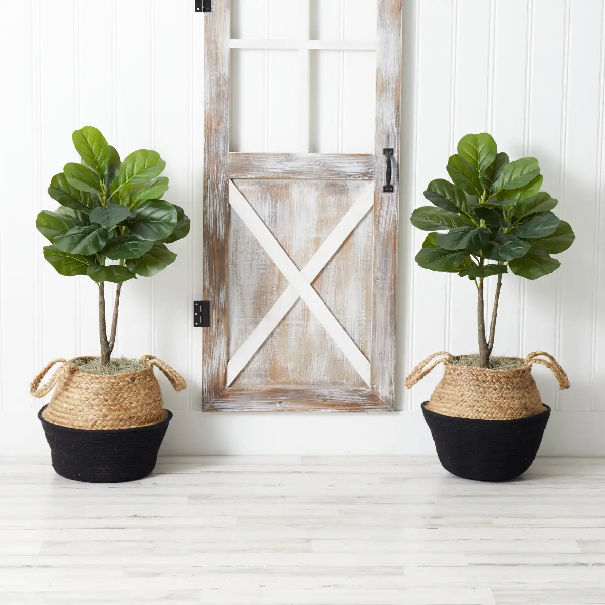 3’ Artificial Fiddle Leaf Fig Tree with Handmade Cotton & Jute Woven Planter DIY Kit - Set of 2 - Nearly Natural