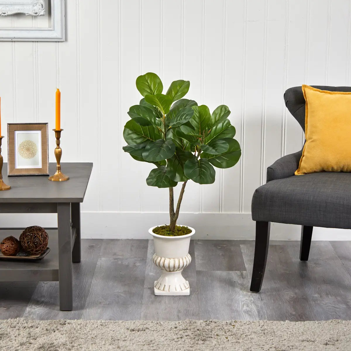 3’ Fiddle Leaf Fig Artificial Tree in White Urn - Nearly Natural