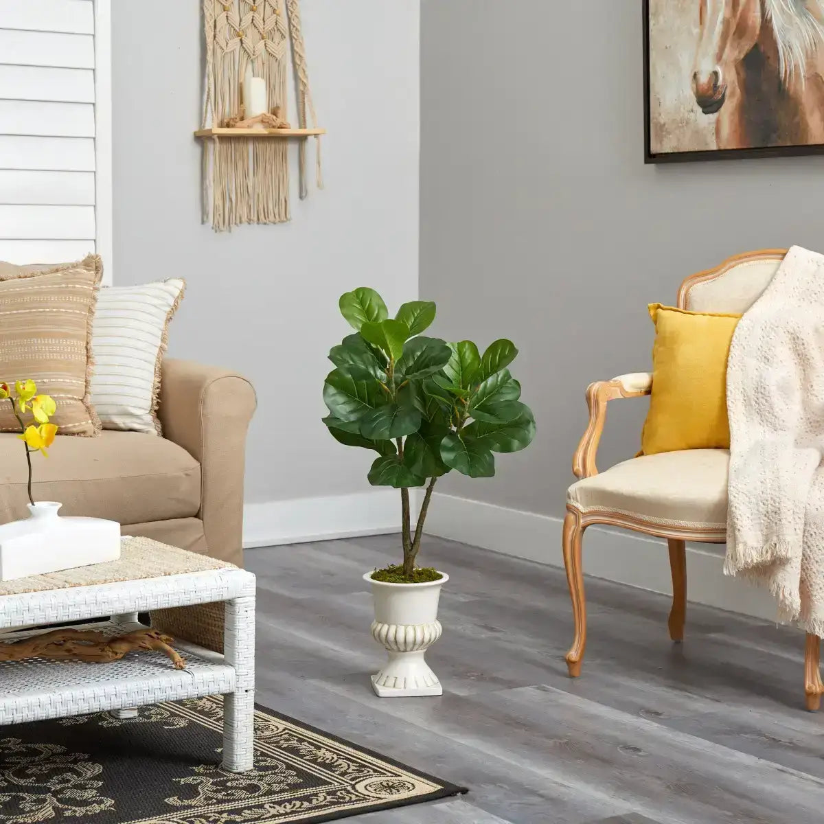 3’ Fiddle Leaf Fig Artificial Tree in White Urn - Nearly Natural