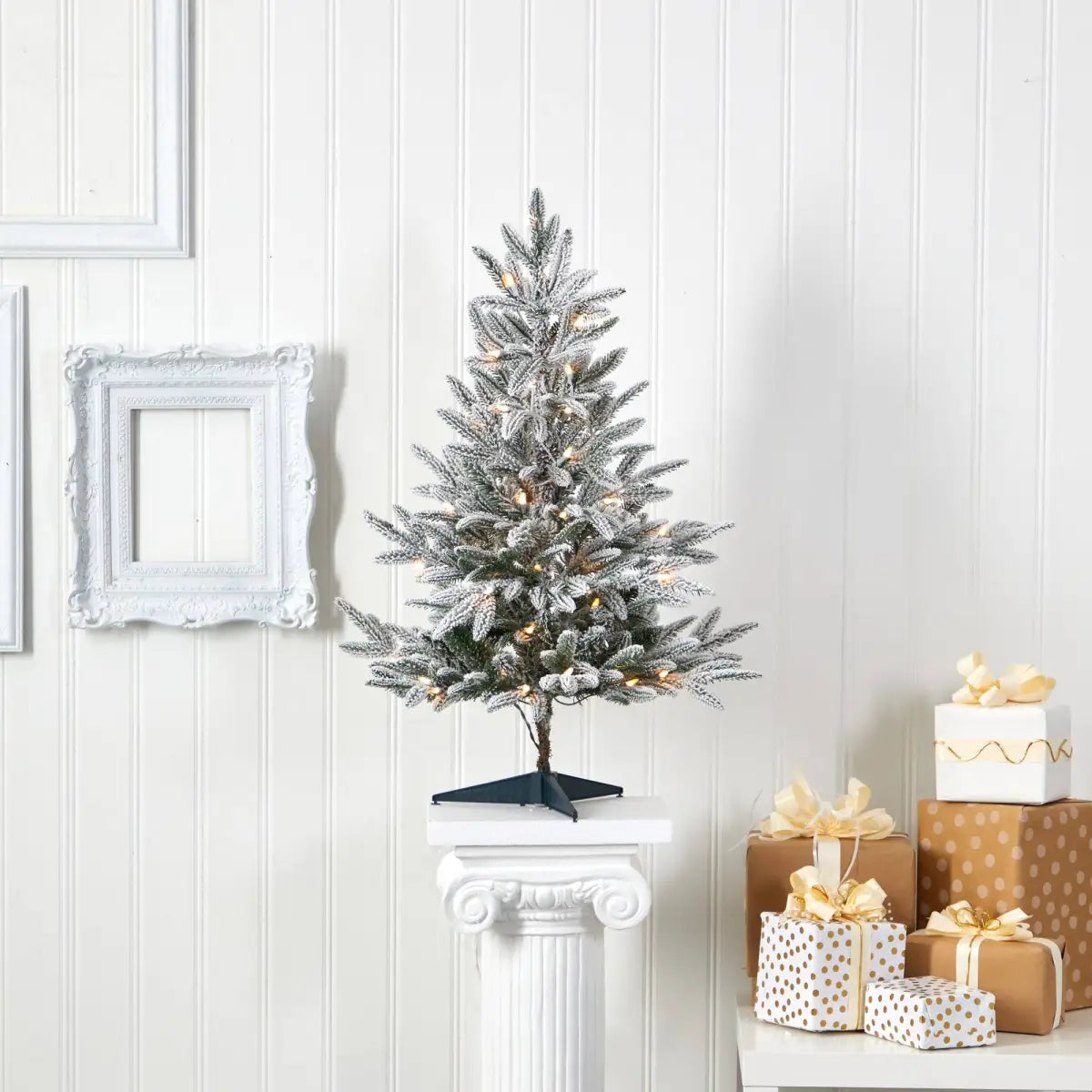 3’ Flocked Manchester Spruce Artificial Christmas Tree with 50 Lights and 133 Bendable Branches - Nearly Natural