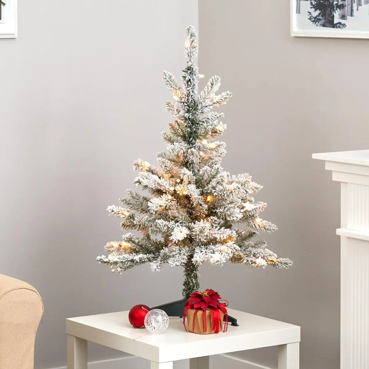 3’ Flocked West Virginia Spruce Artificial Christmas Tree with 50 Clear Lights and 142 Branches - Nearly Natural