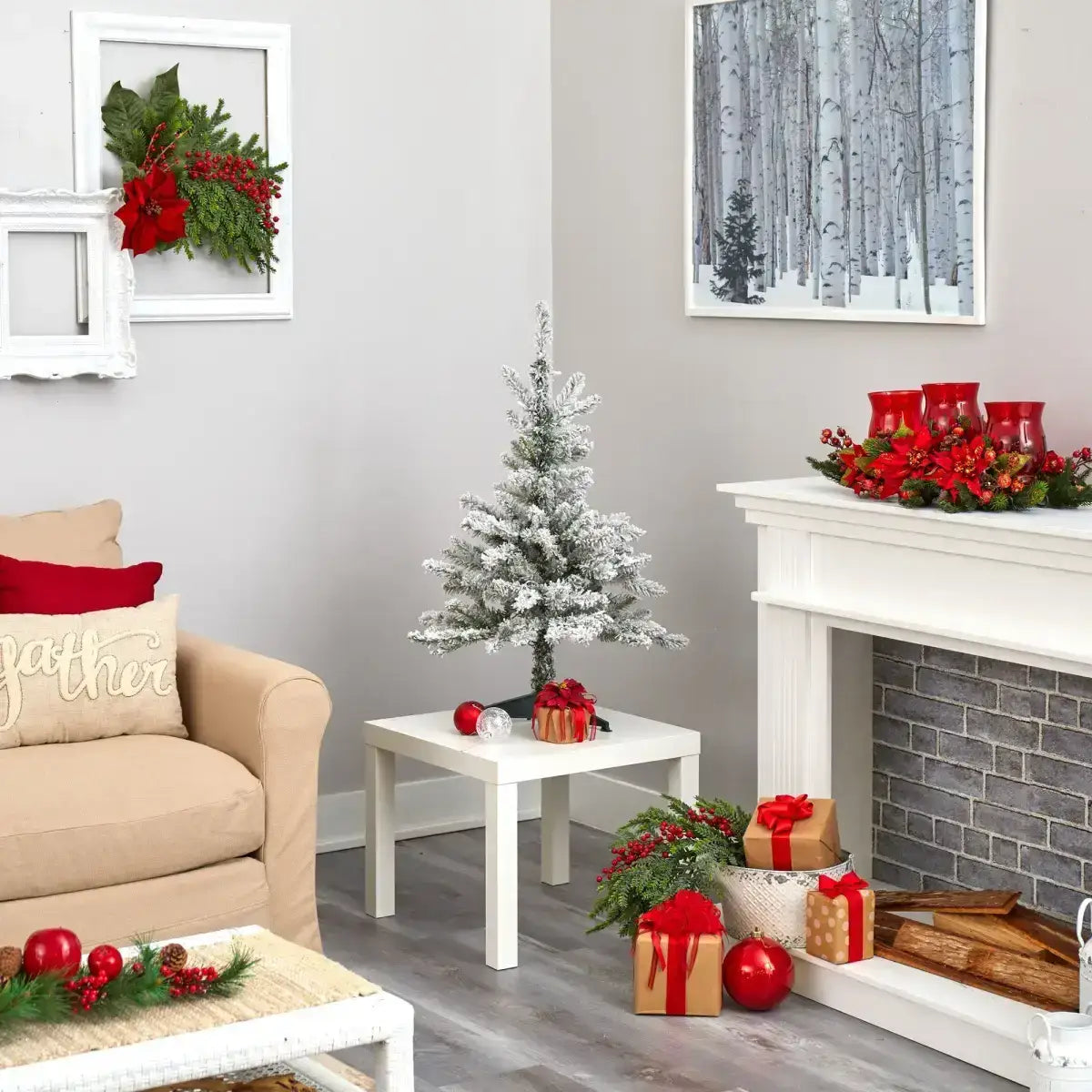 3’ Flocked West Virginia Spruce Artificial Christmas Tree with 50 Clear Lights and 142 Branches - Nearly Natural