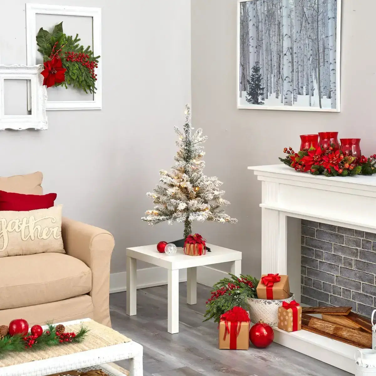 3’ Flocked West Virginia Spruce Artificial Christmas Tree with 50 Clear Lights and 142 Branches - Nearly Natural