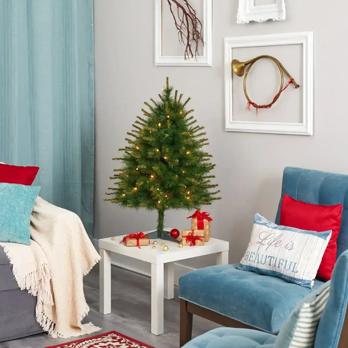 3’ New England Pine Artificial Christmas Tree with 50 Clear Lights and 117 Bendable Branches - Green - Nearly Natural