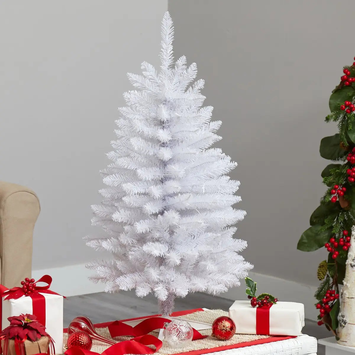 3’ Slim White Artificial Christmas Tree with 50 Warm White LED Lights and 161 Bendable Branches - White - Nearly Natural