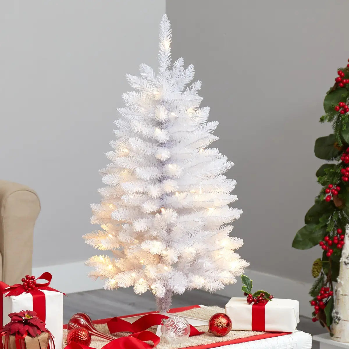 3’ Slim White Artificial Christmas Tree with 50 Warm White LED Lights and 161 Bendable Branches - White - Nearly Natural
