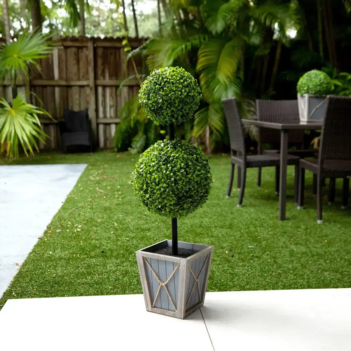 3’ UV Resistant Artificial Double Ball Boxwood Topiary with LED Lights in Decorative Planter (Indoor/Outdoor) - Nearly