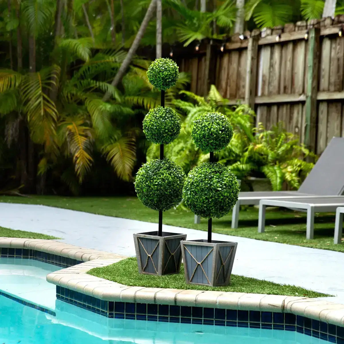 3’ UV Resistant Artificial Double Ball Boxwood Topiary with LED Lights in Decorative Planter (Indoor/Outdoor) - Nearly