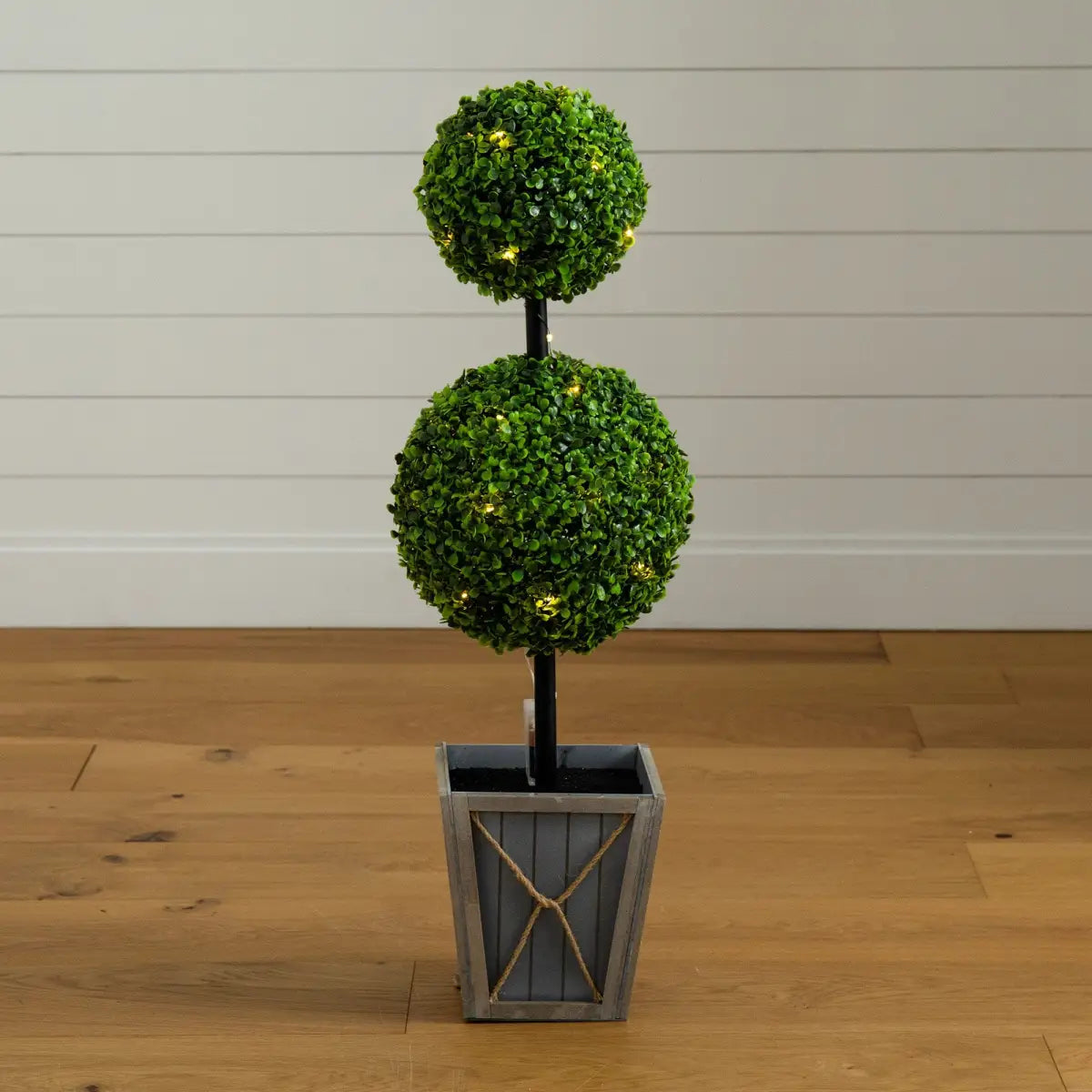3’ UV Resistant Artificial Double Ball Boxwood Topiary with LED Lights in Decorative Planter (Indoor/Outdoor) - Nearly