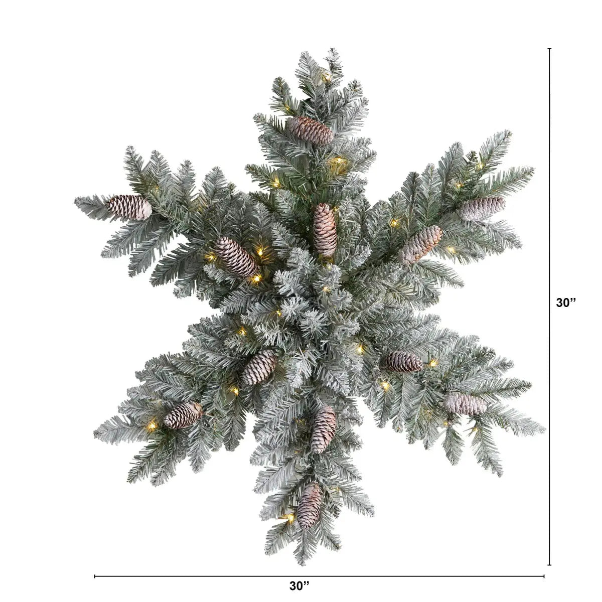 30” Pre-Lit Flocked Snowflake Artificial Dunhill Fir Wreath with Pinecones and 40 LED Lights - Nearly Natural