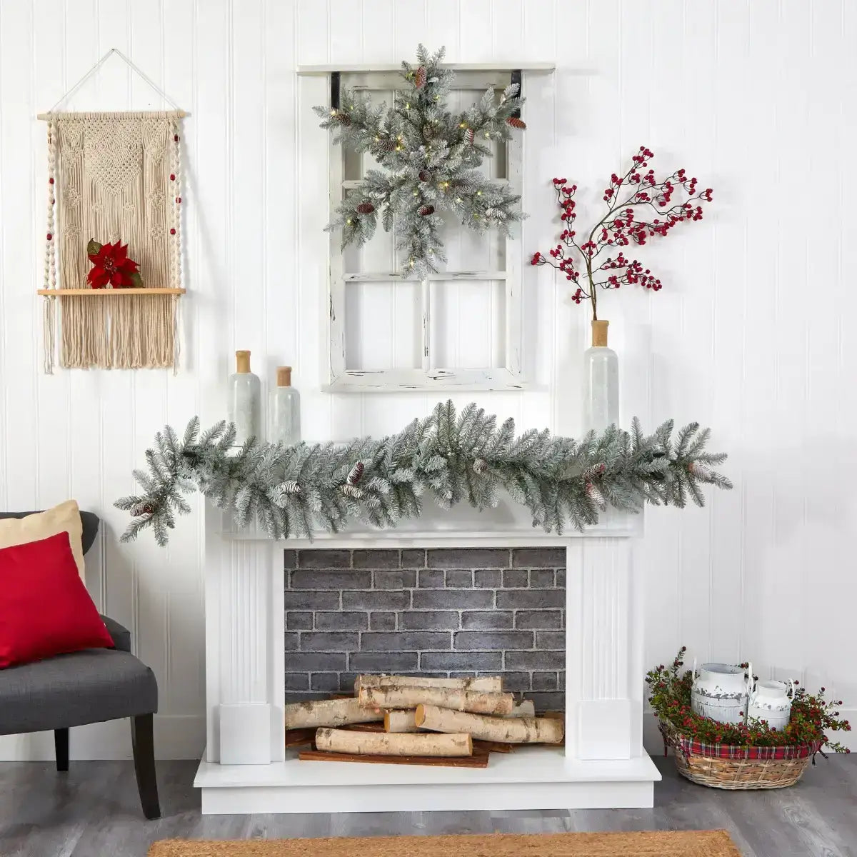 30” Pre-Lit Flocked Snowflake Artificial Dunhill Fir Wreath with Pinecones and 40 LED Lights - Nearly Natural