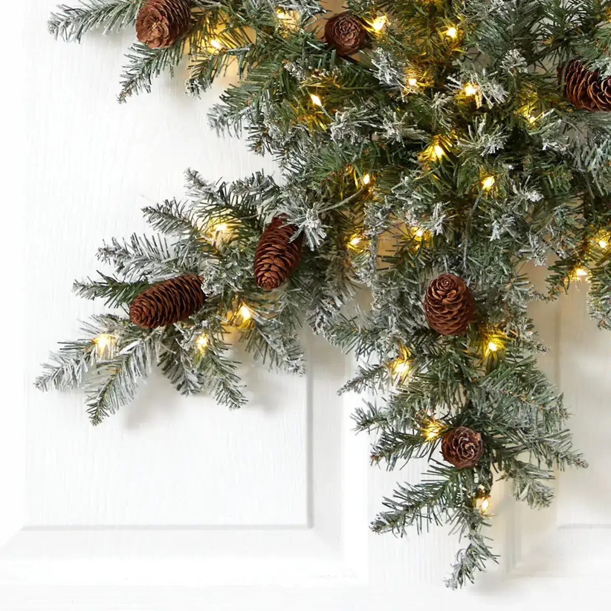 30” Pre-Lit Flocked Snowflake Artificial Dunhill Fir Wreath with Pinecones and 40 LED Lights - Nearly Natural