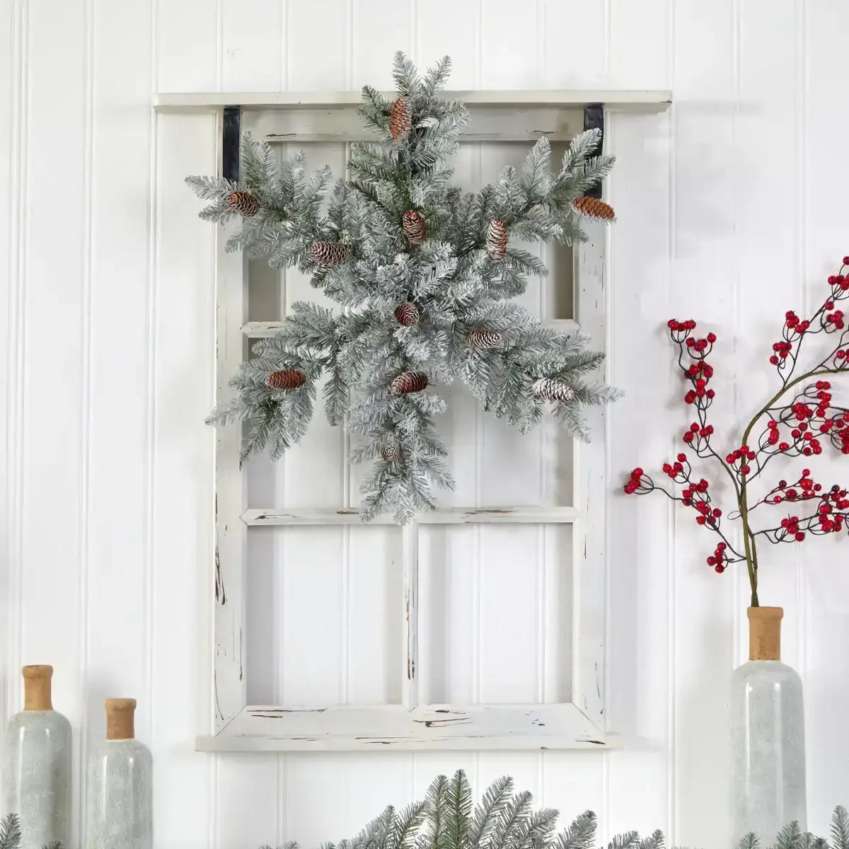 30” Pre-Lit Flocked Snowflake Artificial Dunhill Fir Wreath with Pinecones and 40 LED Lights - Nearly Natural