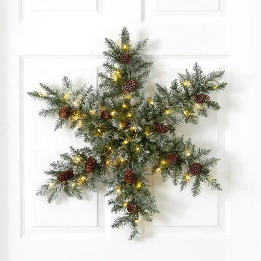 30” Pre-Lit Flocked Snowflake Artificial Dunhill Fir Wreath with Pinecones and 40 LED Lights - Nearly Natural