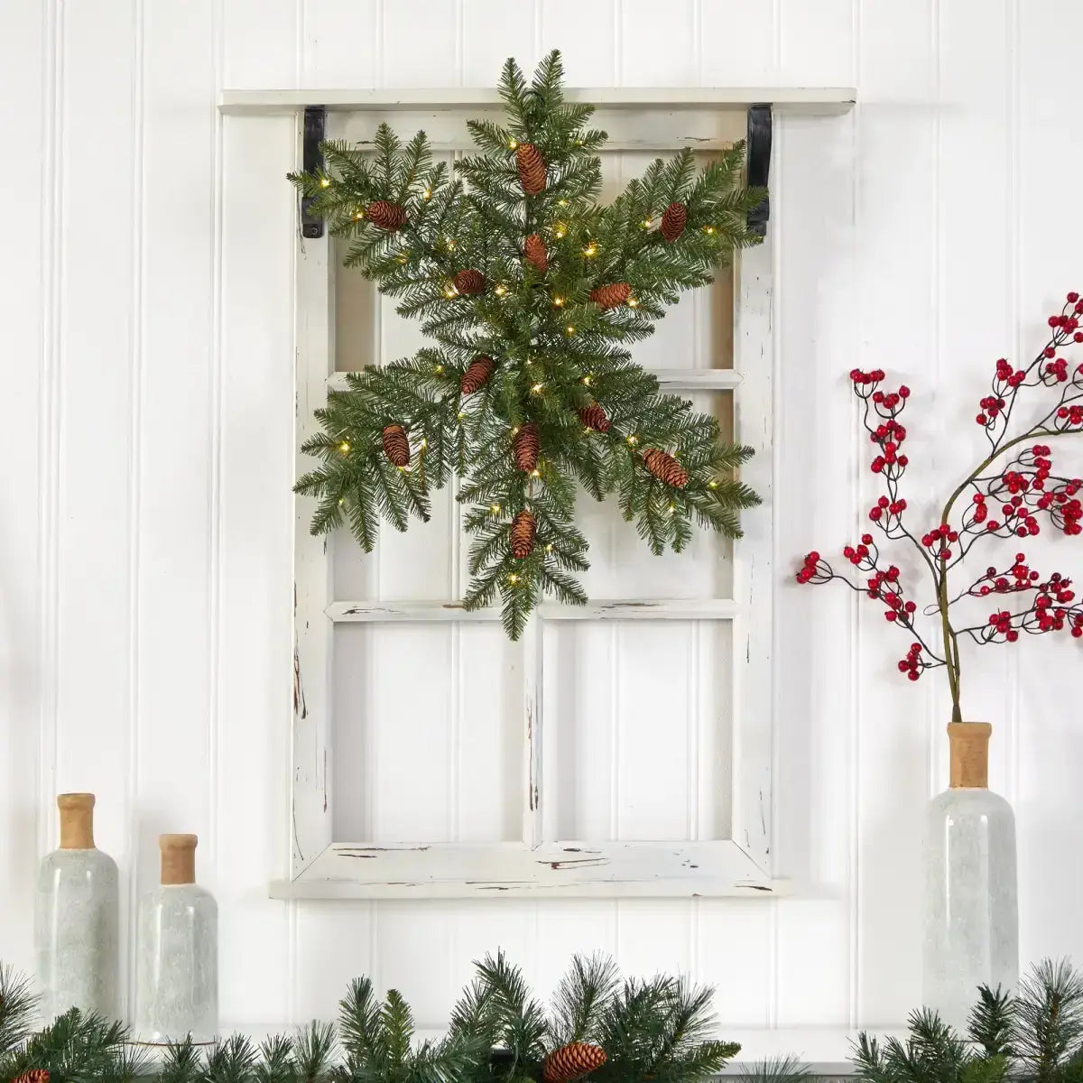 30” Pre-Lit Snowflake Artificial Dunhill Fir Wreath with Pinecones and 40 LED Lights - Nearly Natural