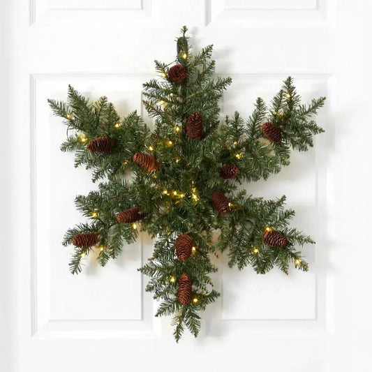 30” Pre-Lit Snowflake Artificial Dunhill Fir Wreath with Pinecones and 40 LED Lights - Nearly Natural