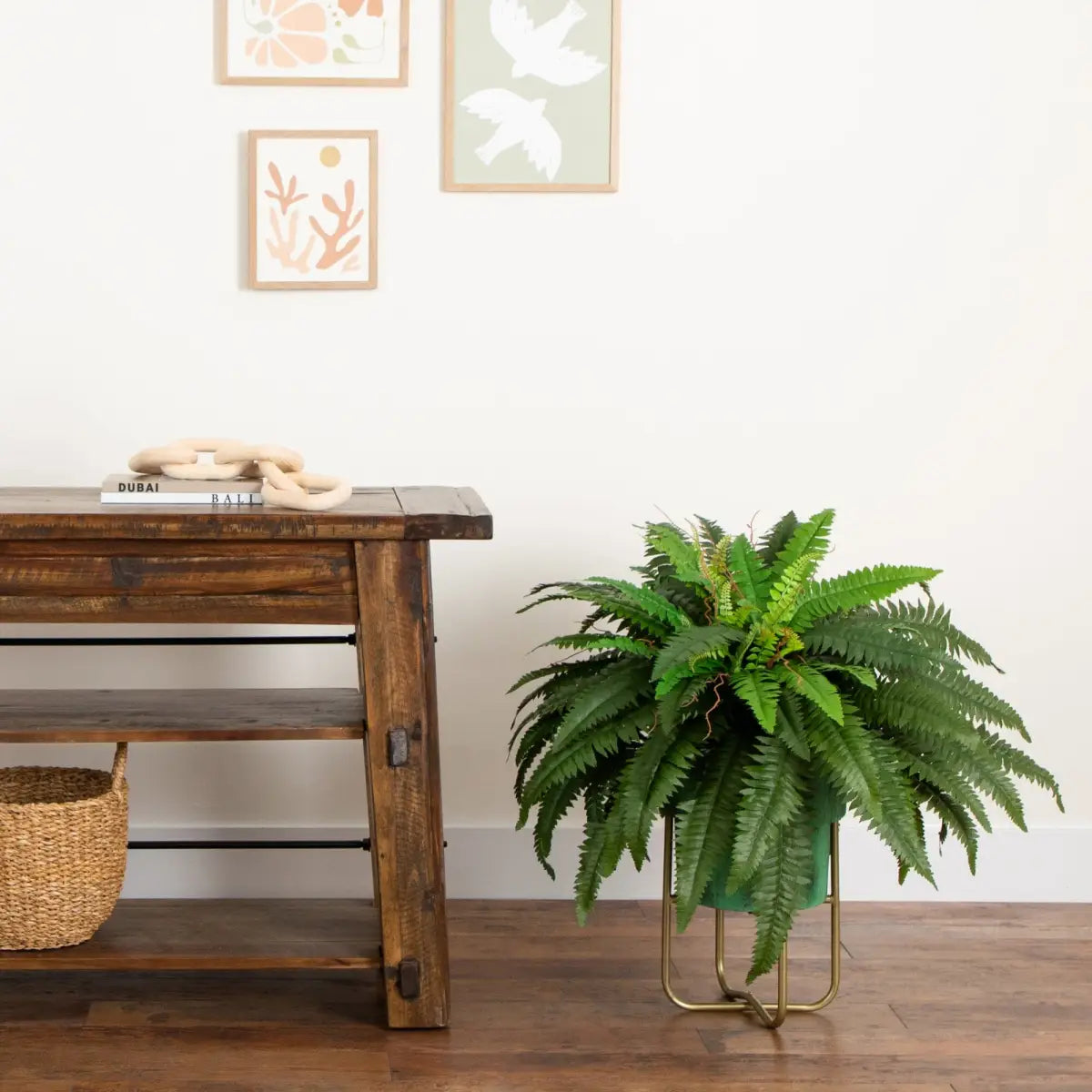 31” Artificial Boston Fern in Patina Metal Planter with Stand - Nearly Natural
