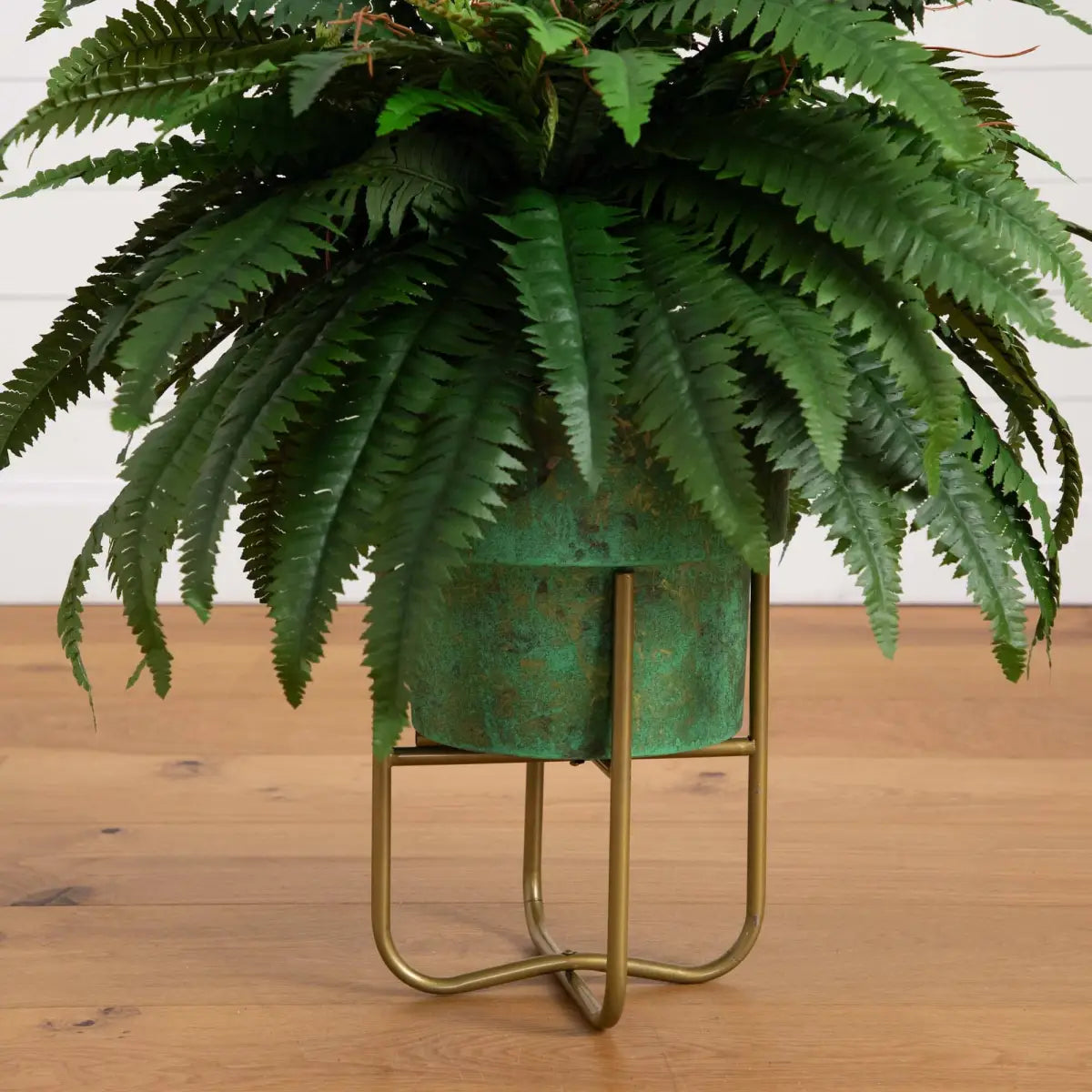 31” Artificial Boston Fern in Patina Metal Planter with Stand - Nearly Natural