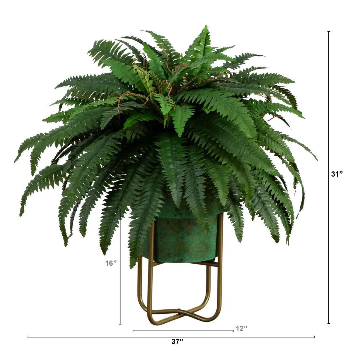31” Artificial Boston Fern in Patina Metal Planter with Stand - Nearly Natural