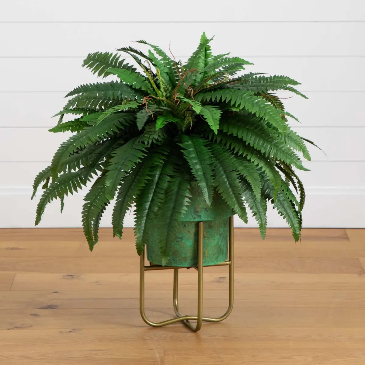 31” Artificial Boston Fern in Patina Metal Planter with Stand - Nearly Natural