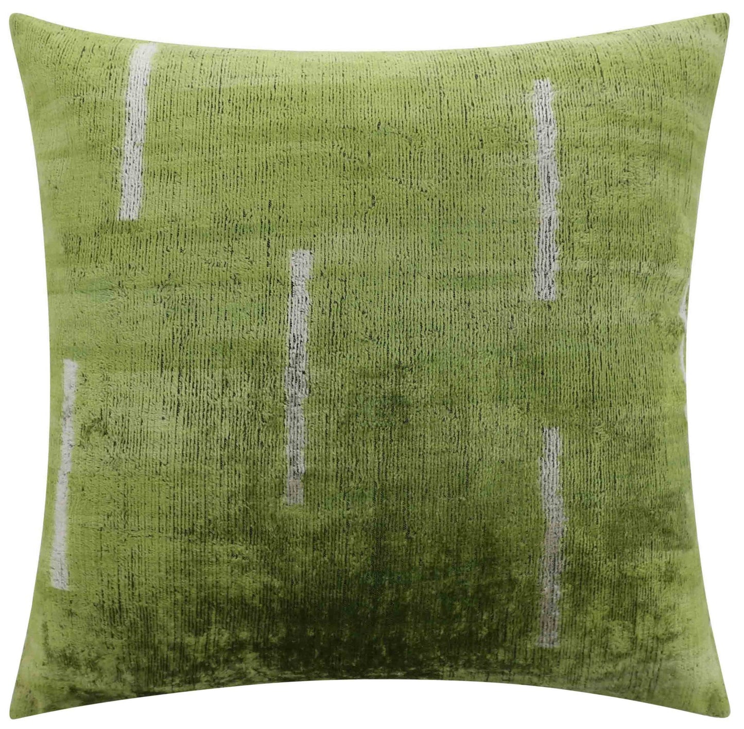 Coussin minimaliste en velours de soie fait main - 20x20, vert avec des lignes d'accent blanches, insert en plumes