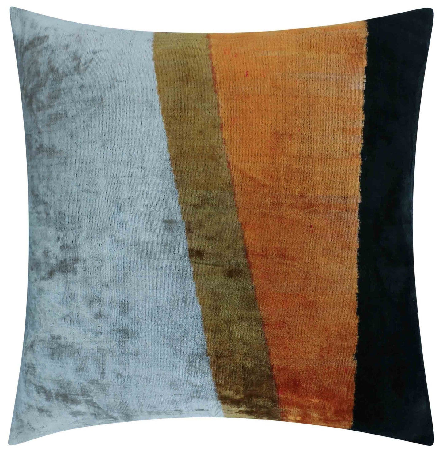 Almohada de terciopelo de seda a rayas hecha a mano: 20 x 20, diseño llamativo en blanco, dorado, naranja y negro con relleno de plumas