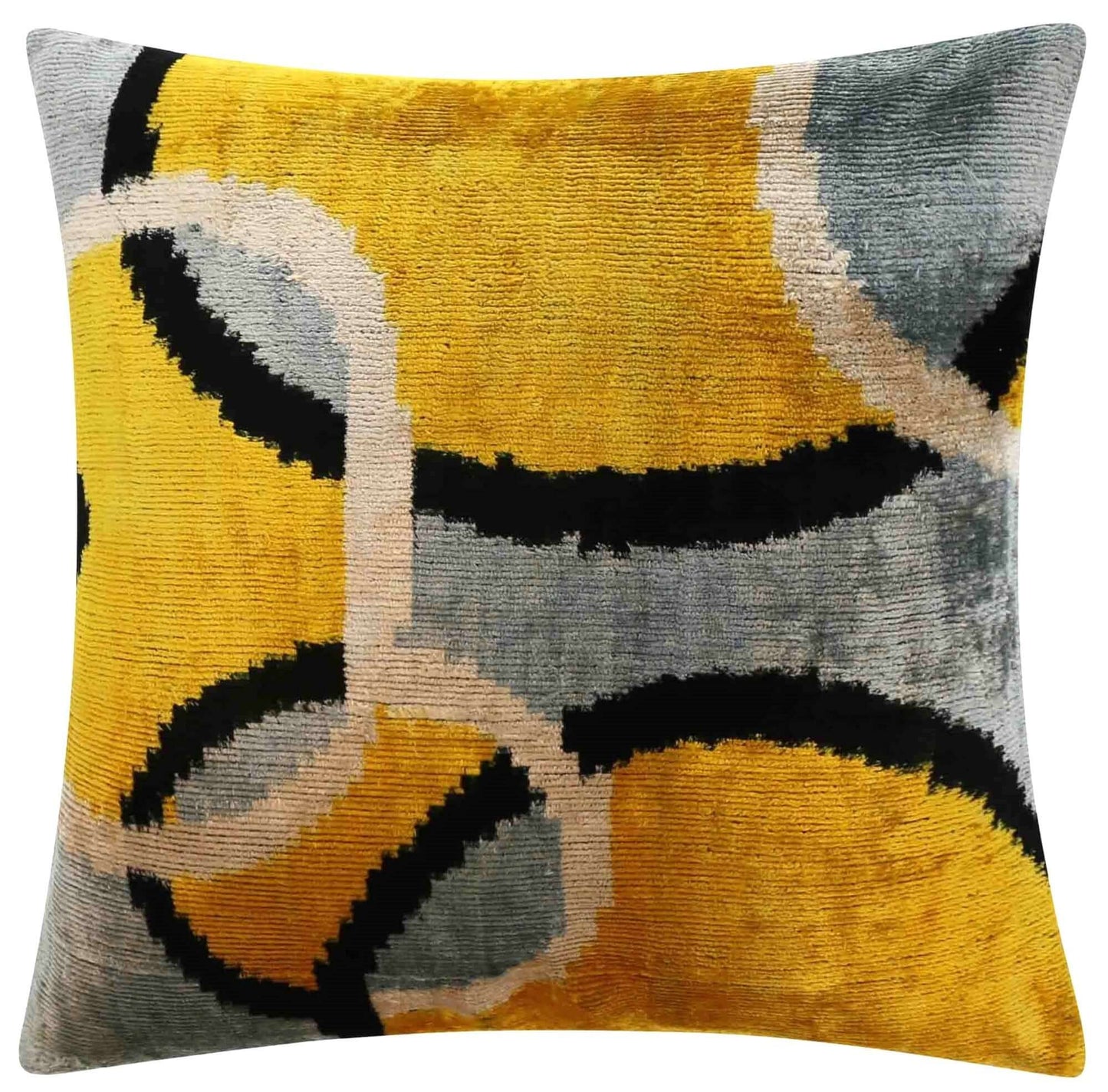 Lujosa almohada geométrica de terciopelo de seda de 16 x 16 en amarillo y gris, con relleno de plumas