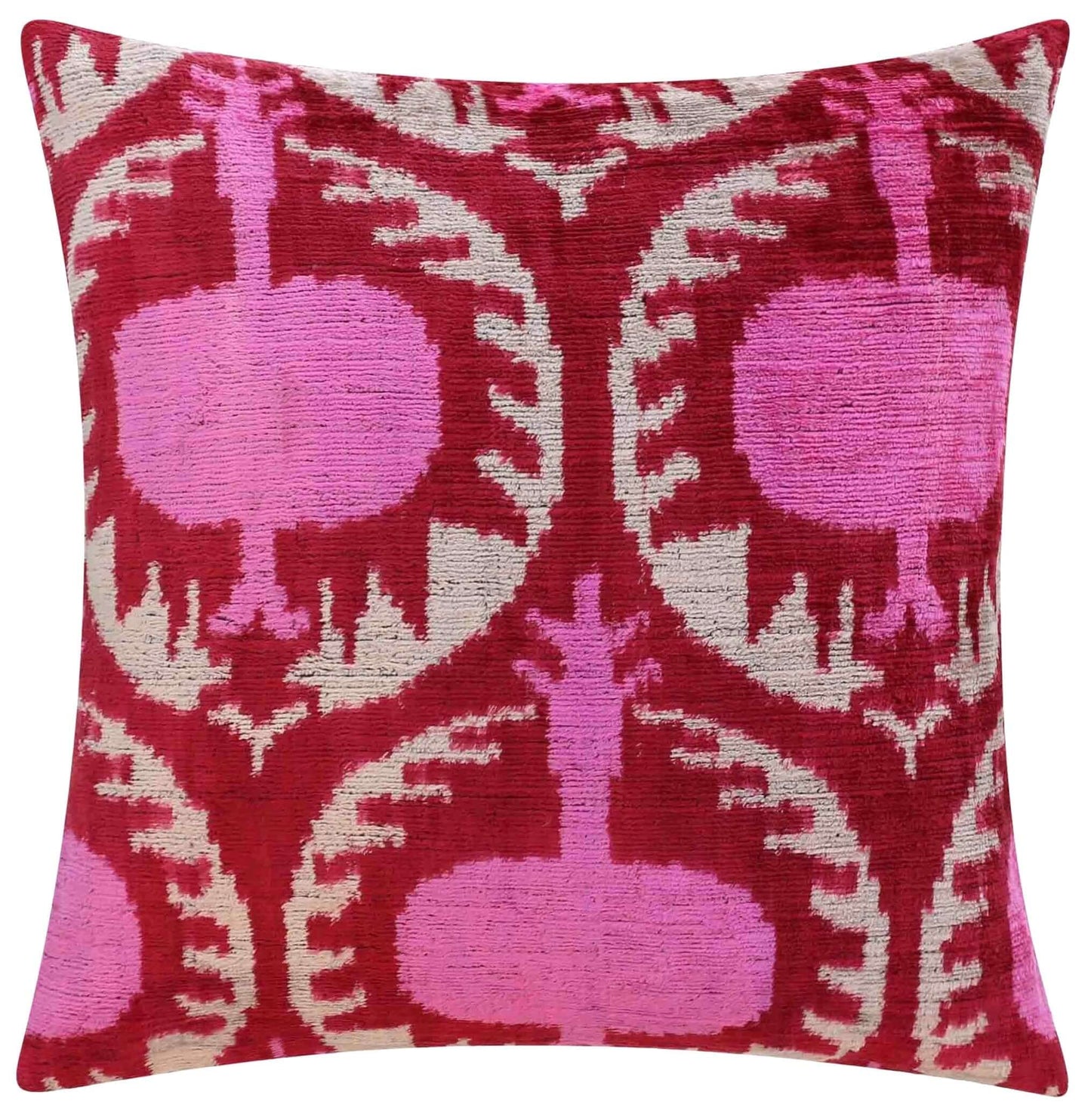 Almohada de terciopelo de seda hecha a mano: 16 x 16, diseño tradicional rojo y rosa con relleno de plumas