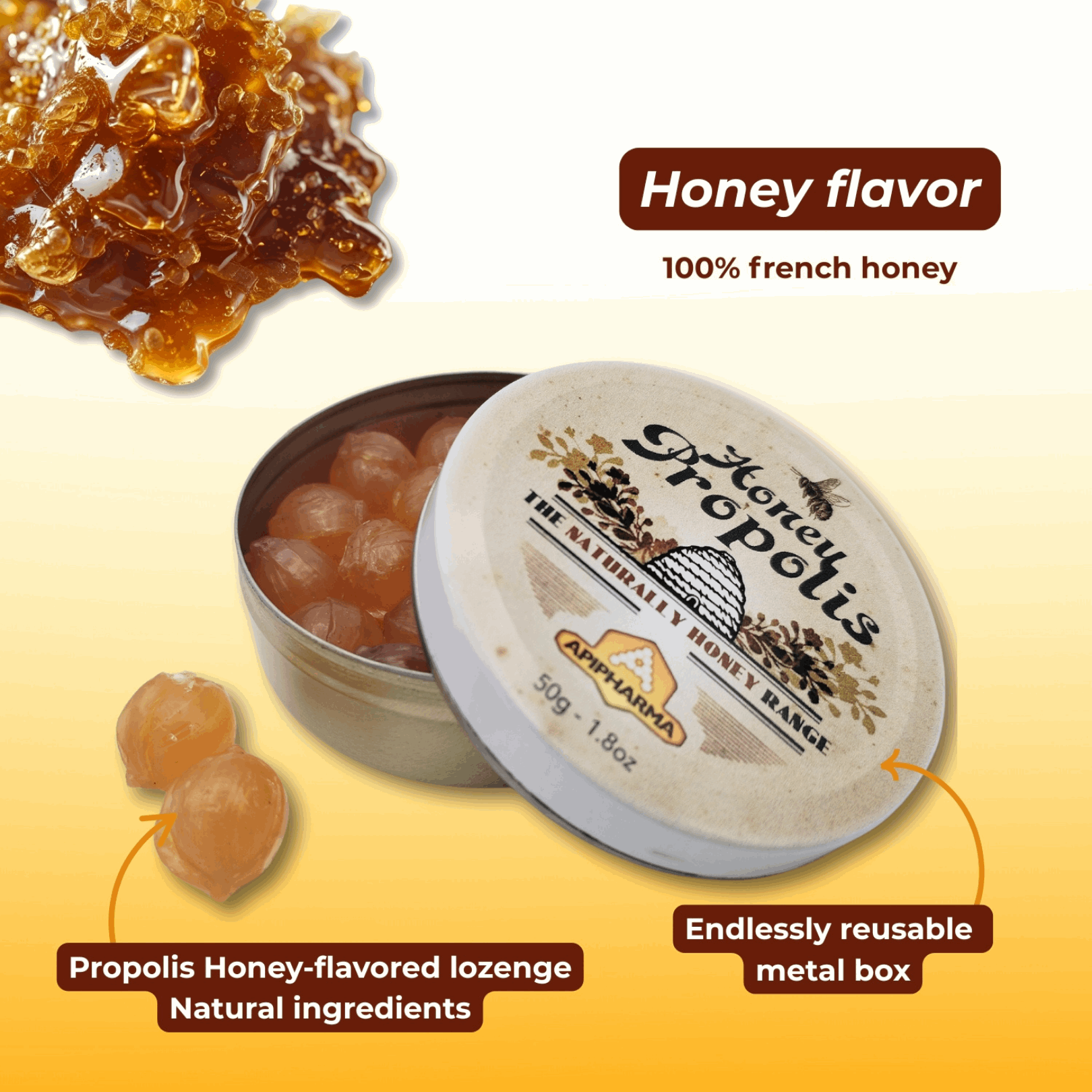 Honey Propolis - French Gourmet Natural Candy Tin - Apipharma - Bonbon USA France