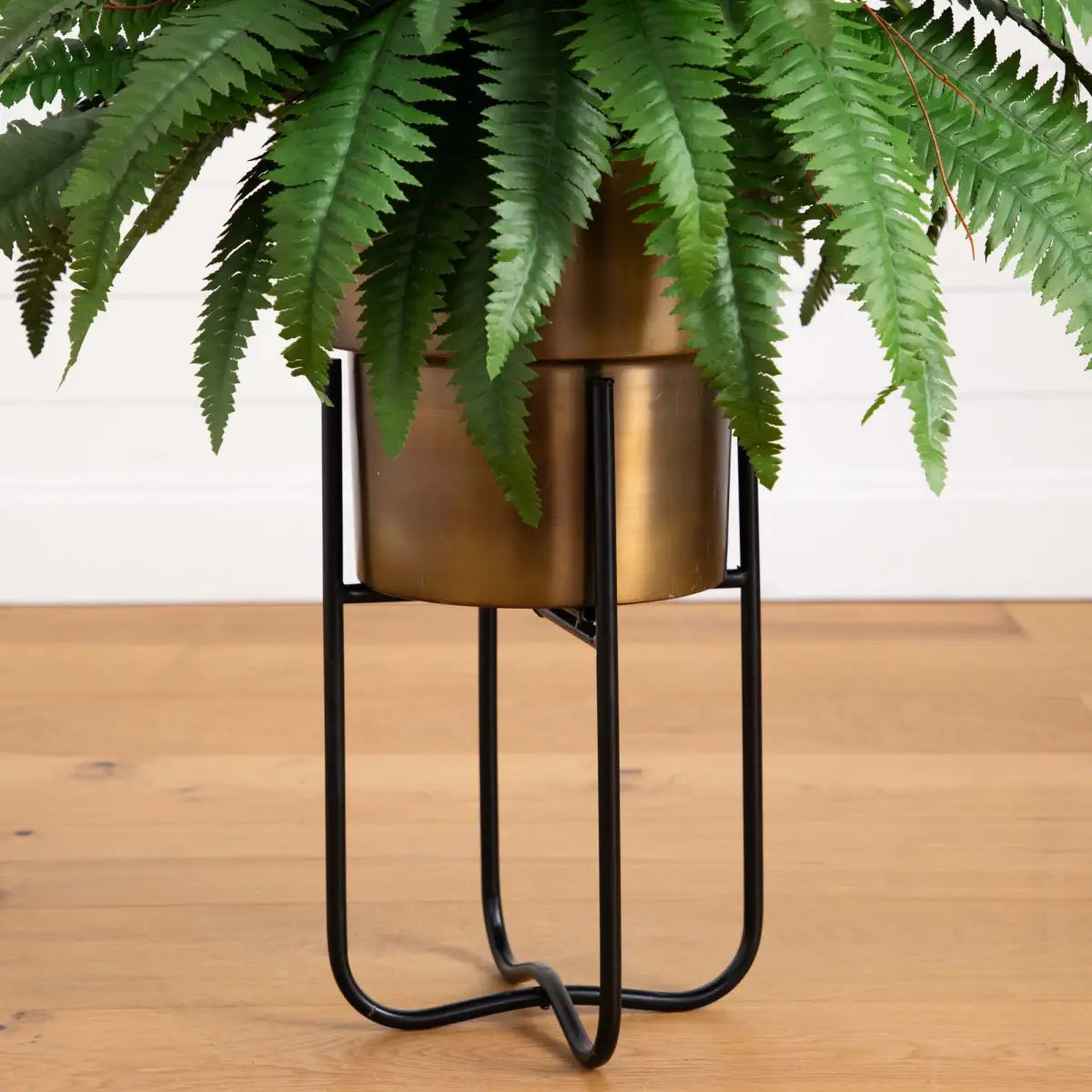 35” Artificial Boston Fern in Brass Metal Planter with Stand - Nearly Natural