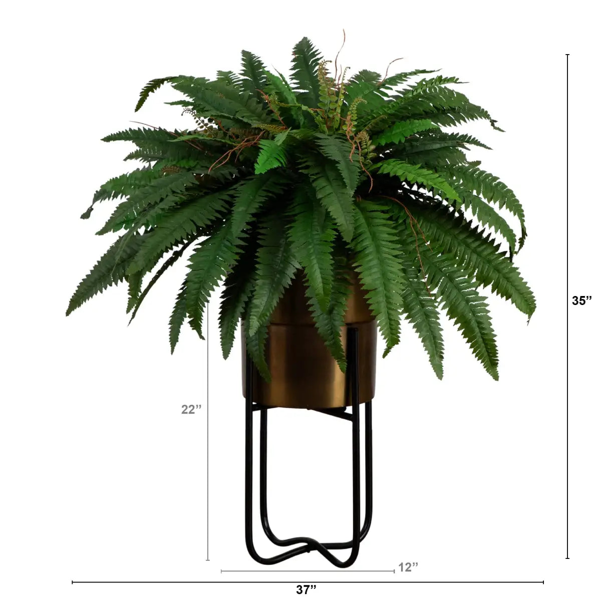 35” Artificial Boston Fern in Brass Metal Planter with Stand - Nearly Natural