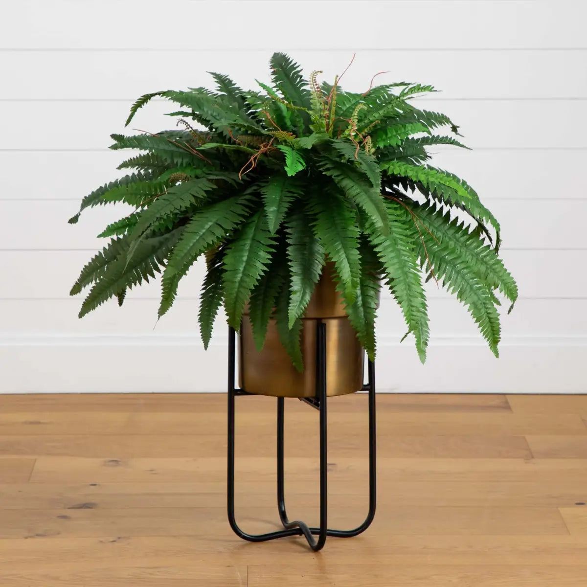 35” Artificial Boston Fern in Brass Metal Planter with Stand - Nearly Natural
