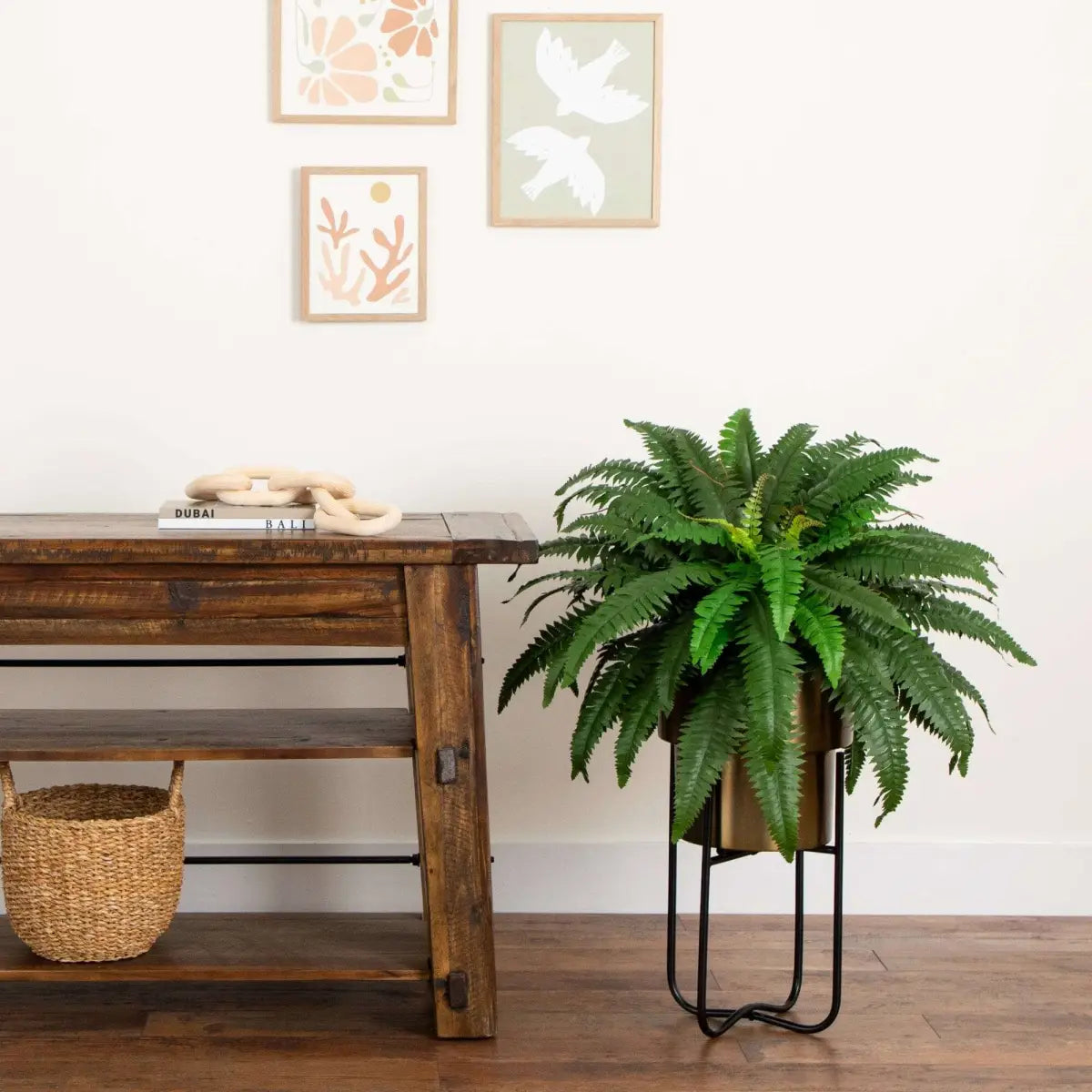 35” Artificial Boston Fern in Brass Metal Planter with Stand - Nearly Natural