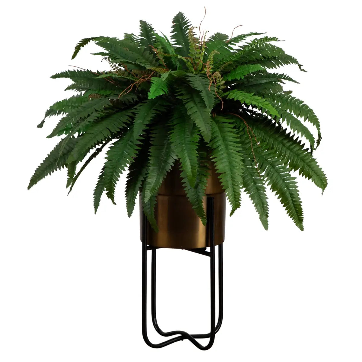 35” Artificial Boston Fern in Brass Metal Planter with Stand - Nearly Natural