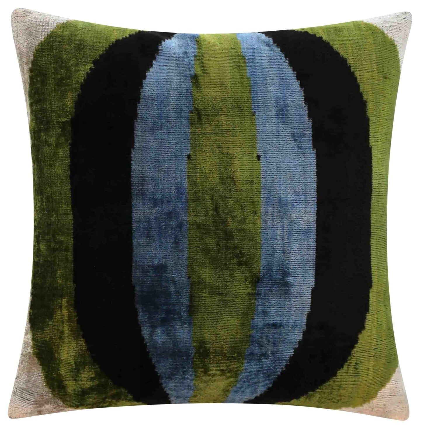 Almohada de terciopelo de seda a rayas hecha a mano: 16 x 16, diseño llamativo en verde, azul y negro con relleno de plumas