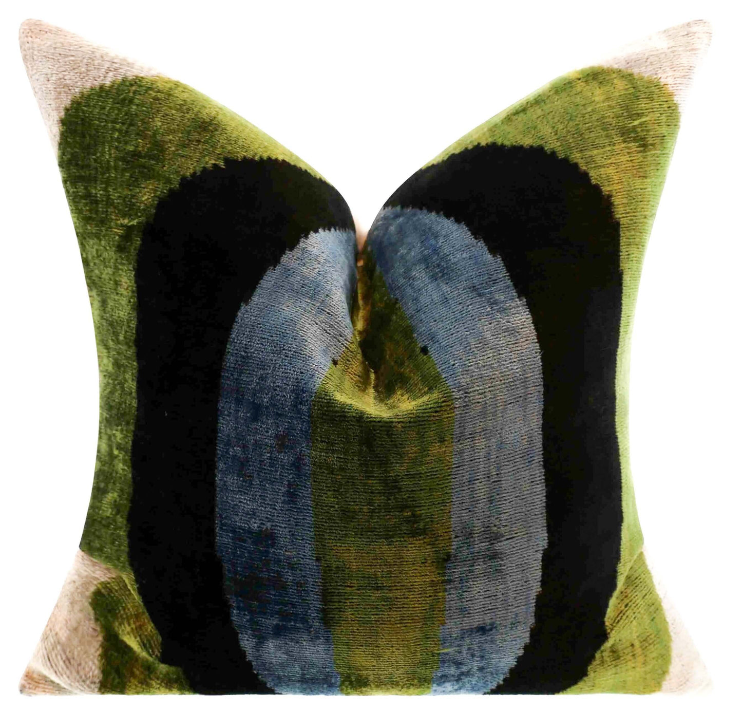 Almohada de terciopelo de seda a rayas hecha a mano: 16 x 16, diseño llamativo en verde, azul y negro con relleno de plumas