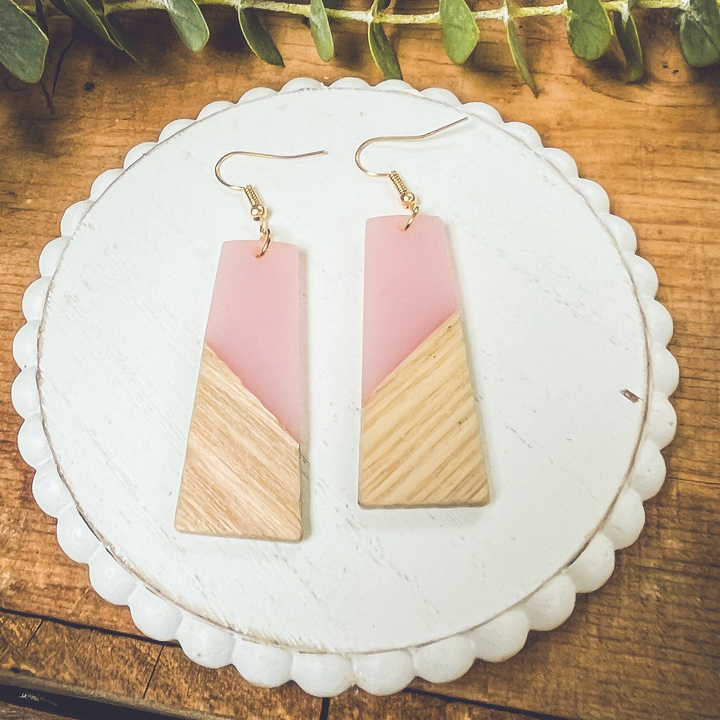 Beautiful Pink Resin and Wood Earrings