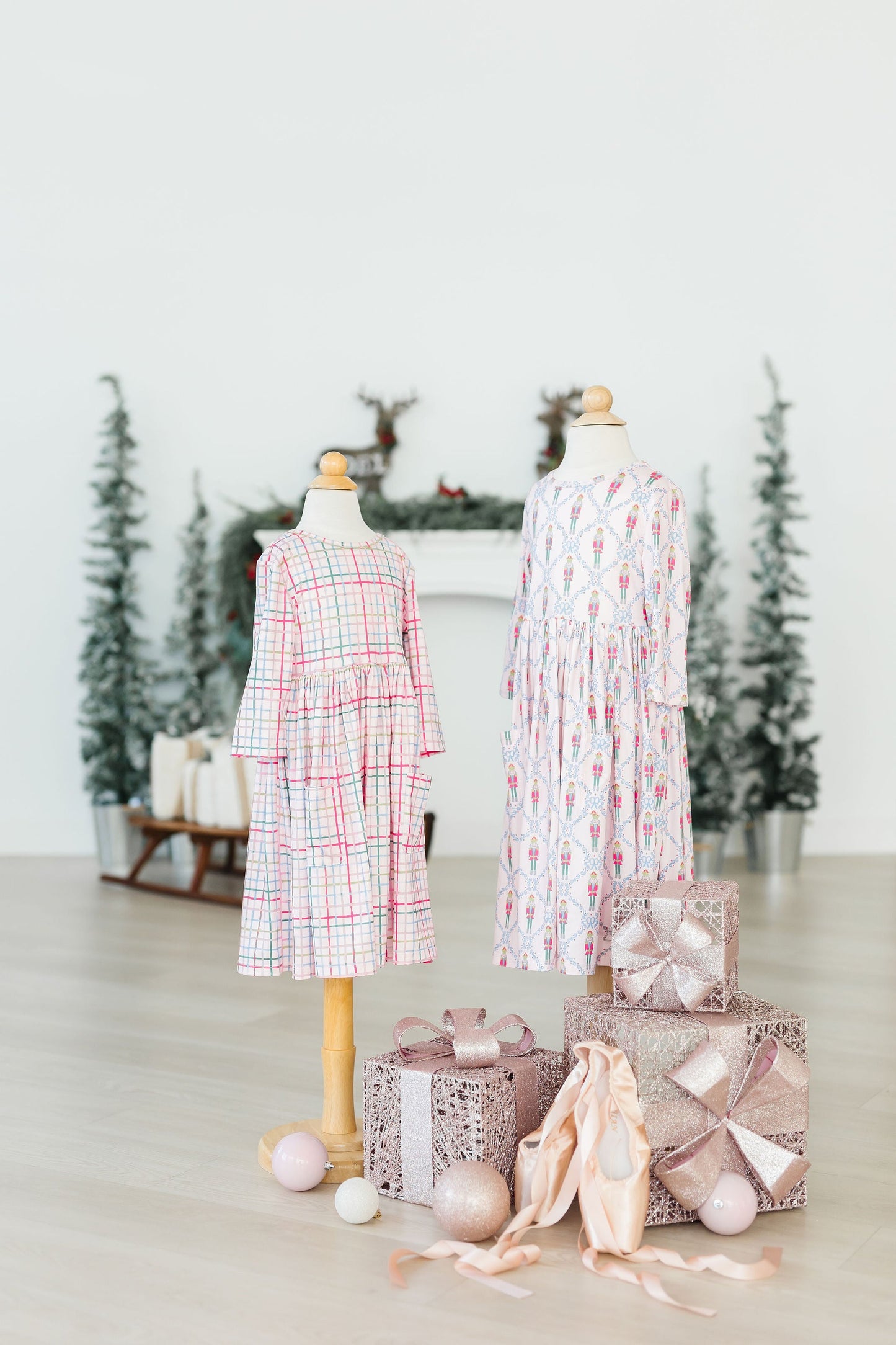 Pink Plaid 3/4 Sleeve Pocket Twirl Dress