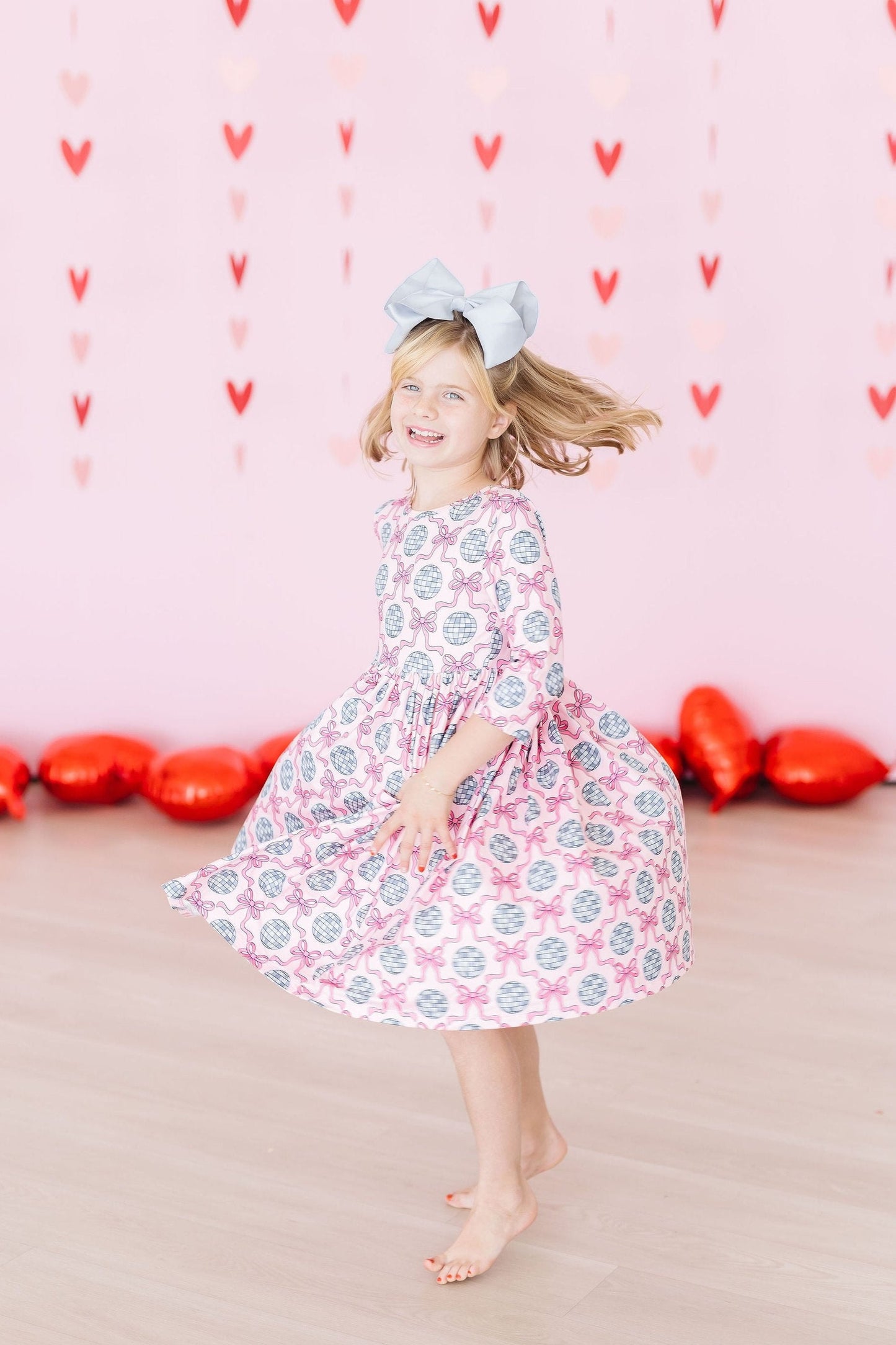 Disco Bows 3/4 Sleeve Pocket Twirl Dress