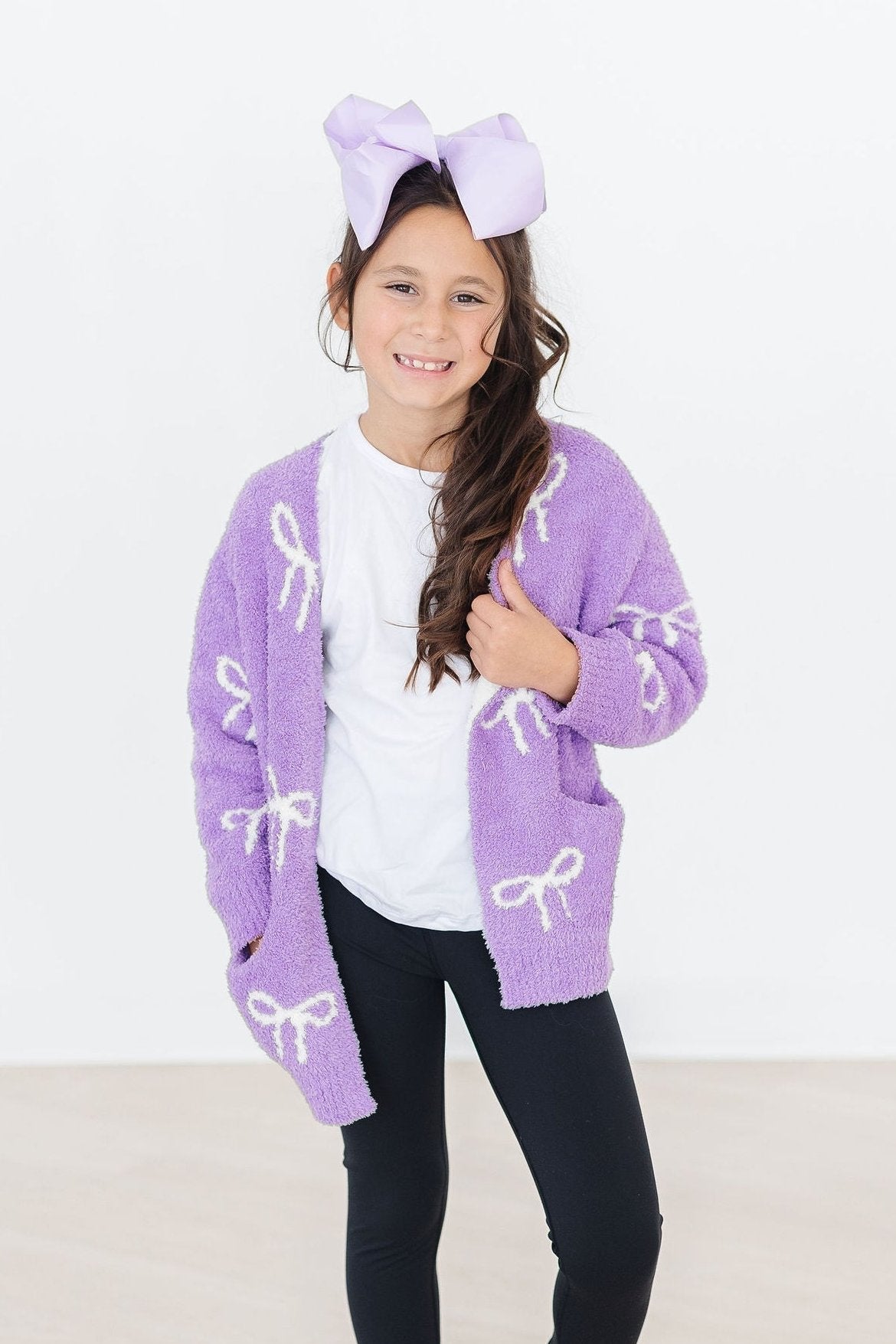 Kids Cozy Cardigan - Lilac/Coconut Bow - Mila & Rose ®