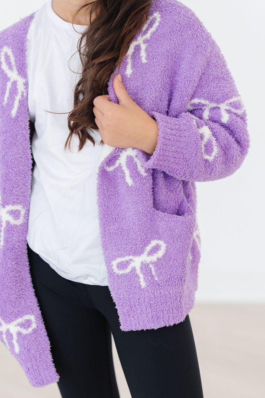 Kids Cozy Cardigan - Lilac/Coconut Bow - Mila & Rose ®