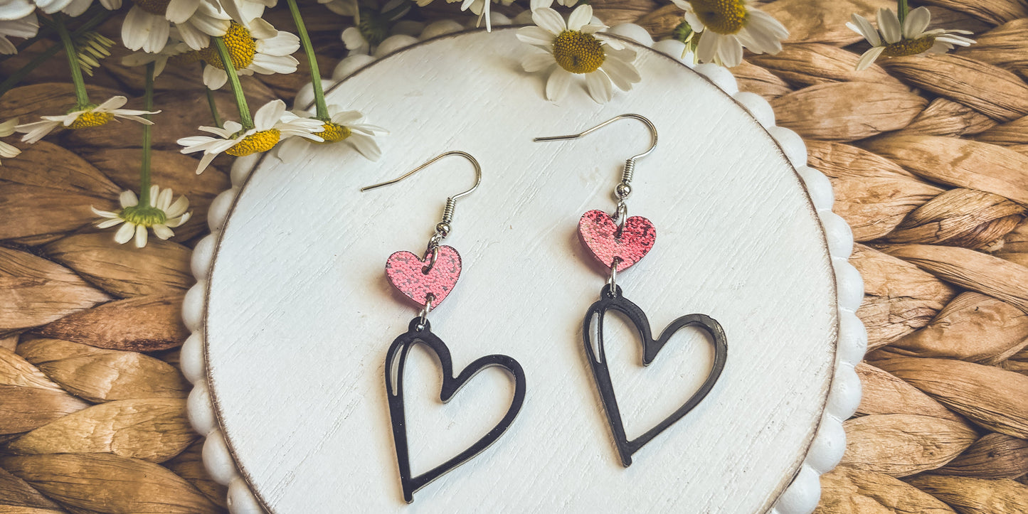 Adorable Black and Red Heart Drop Earrings