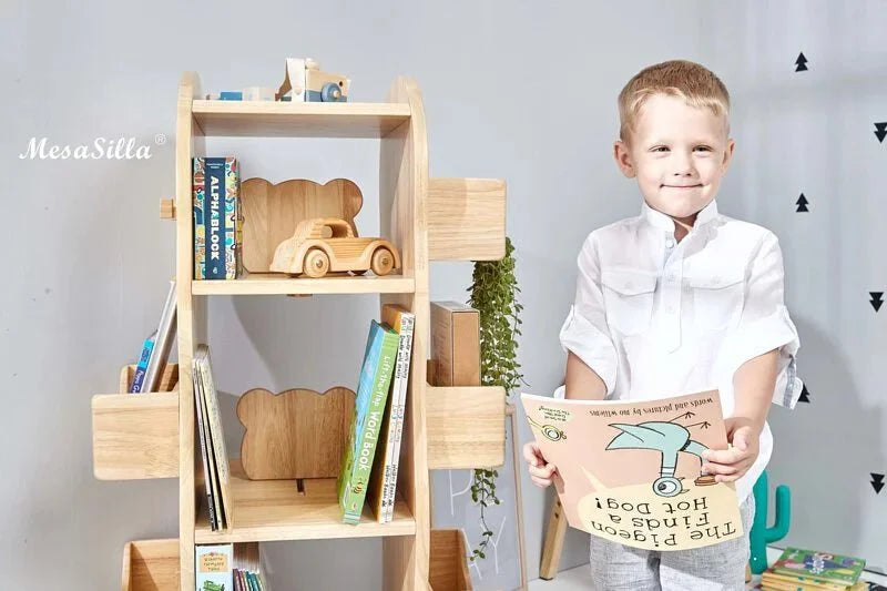 Estantería giratoria de madera maciza Mesasilla para niños - Biblioteca para el hogar de 360 ​​grados