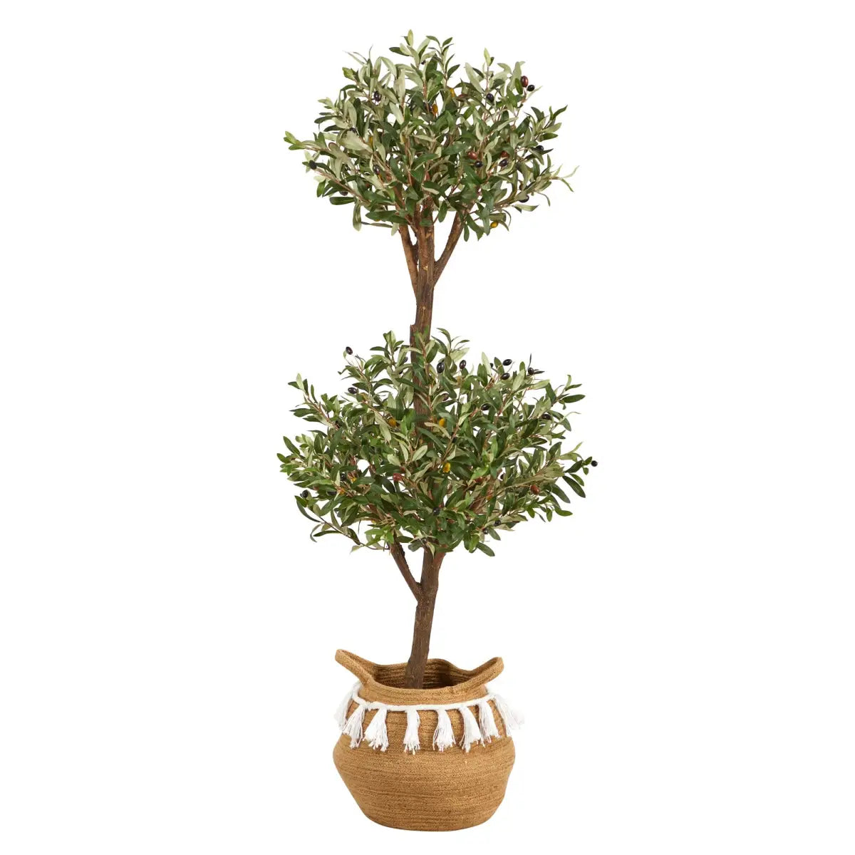 4.5’ Artificial Olive Double Topiary with Handmade Jute & Cotton Basket with Tassels - Nearly Natural