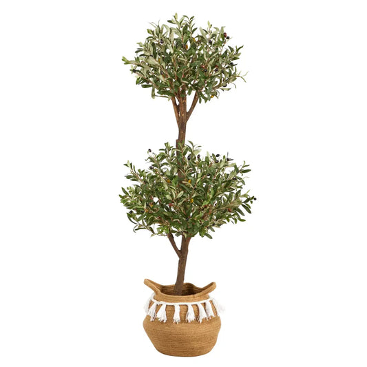 4.5’ Artificial Olive Double Topiary with Handmade Jute & Cotton Basket with Tassels - Nearly Natural