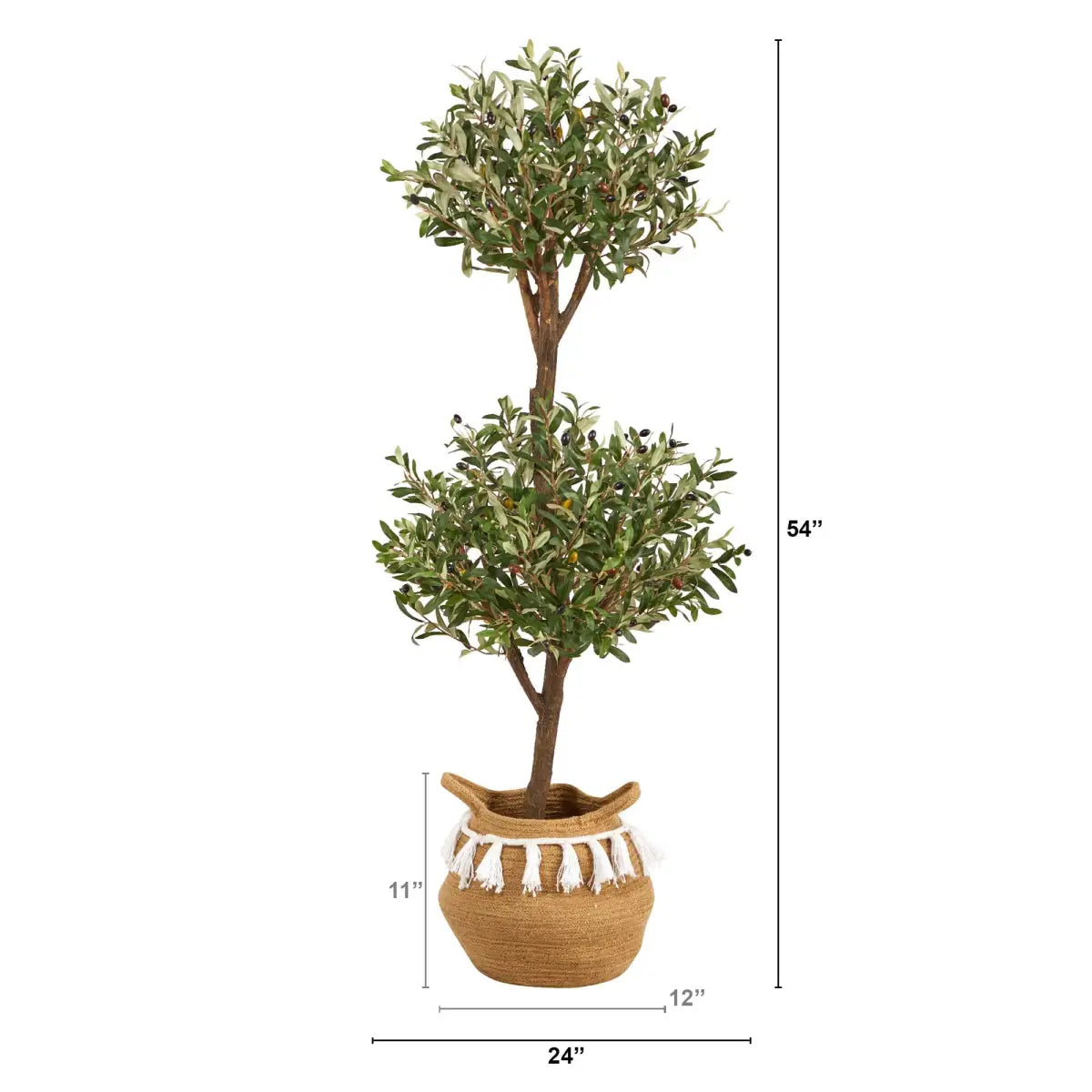 4.5’ Artificial Olive Double Topiary with Handmade Jute & Cotton Basket with Tassels - Nearly Natural