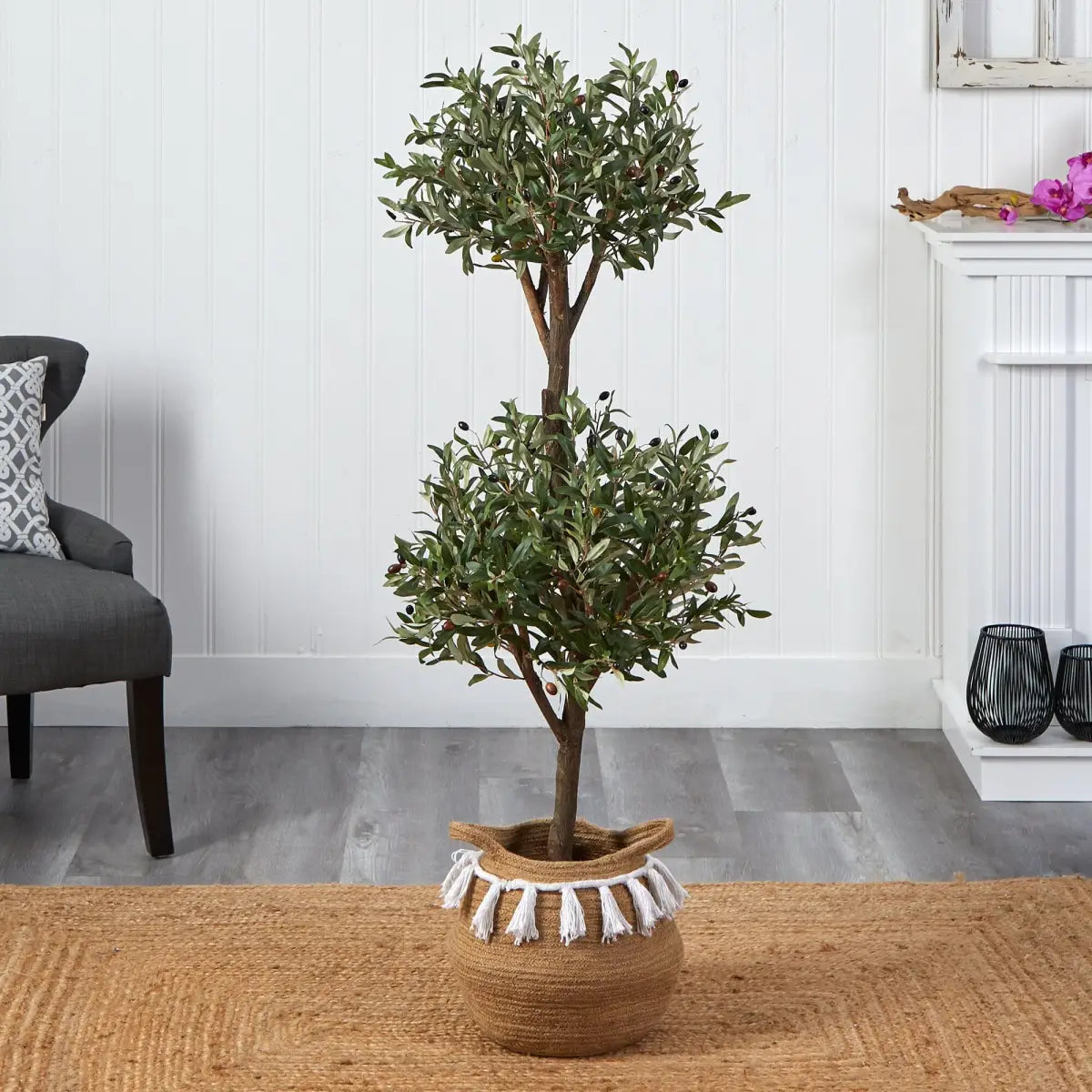 4.5’ Artificial Olive Double Topiary with Handmade Jute & Cotton Basket with Tassels - Nearly Natural