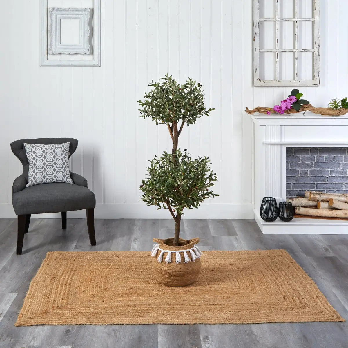 4.5’ Artificial Olive Double Topiary with Handmade Jute & Cotton Basket with Tassels - Nearly Natural
