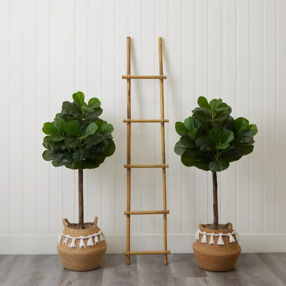 4’ Artificial Fiddle Leaf Fig Tree with Handmade Jute & Cotton Basket with Tassels DIY KIT- Set of 2 - Nearly Natural